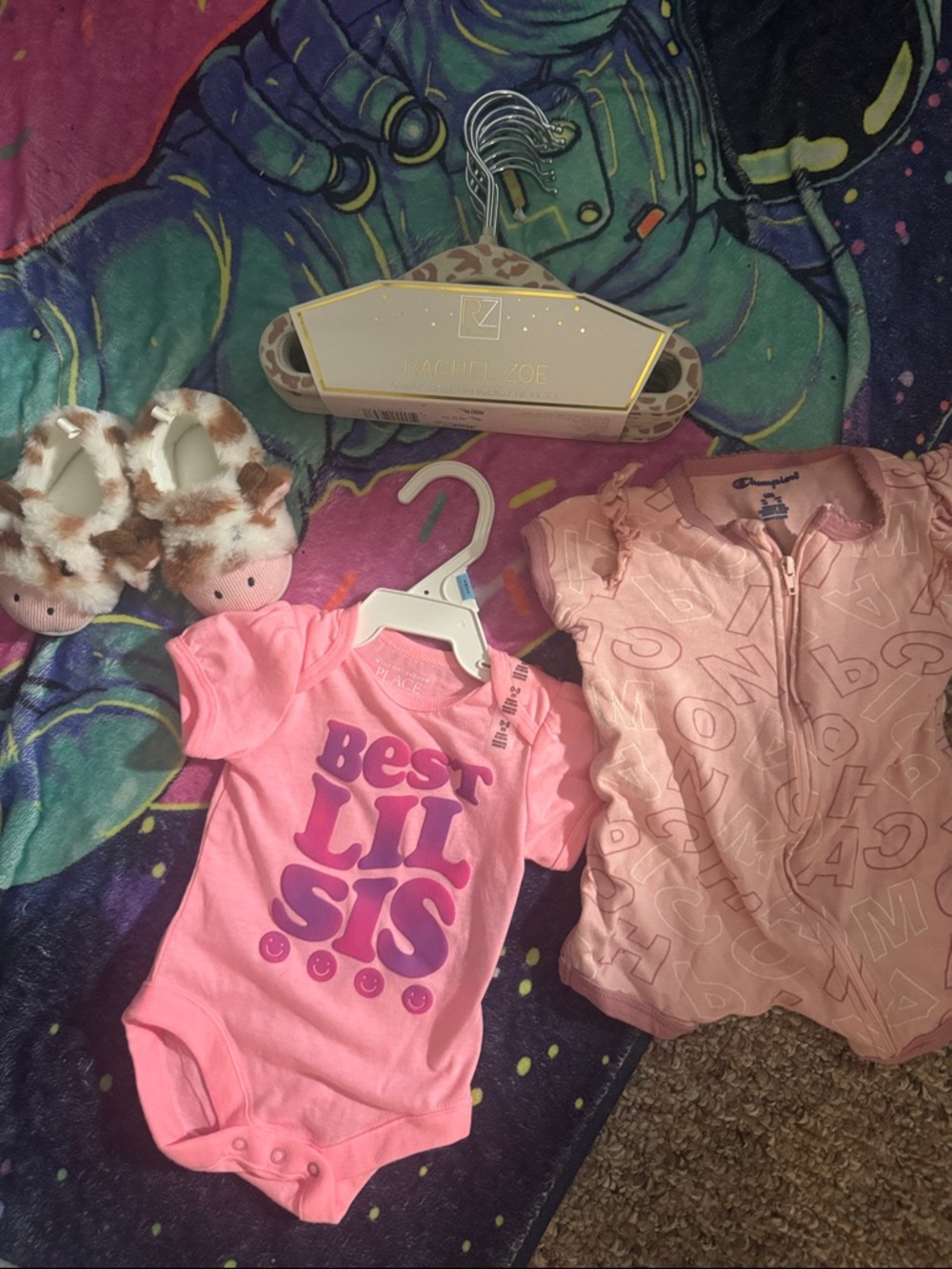 Bundle Rachel Zoe clothes hanger, "Best Baby Onesie, Animal Slippers & Champion